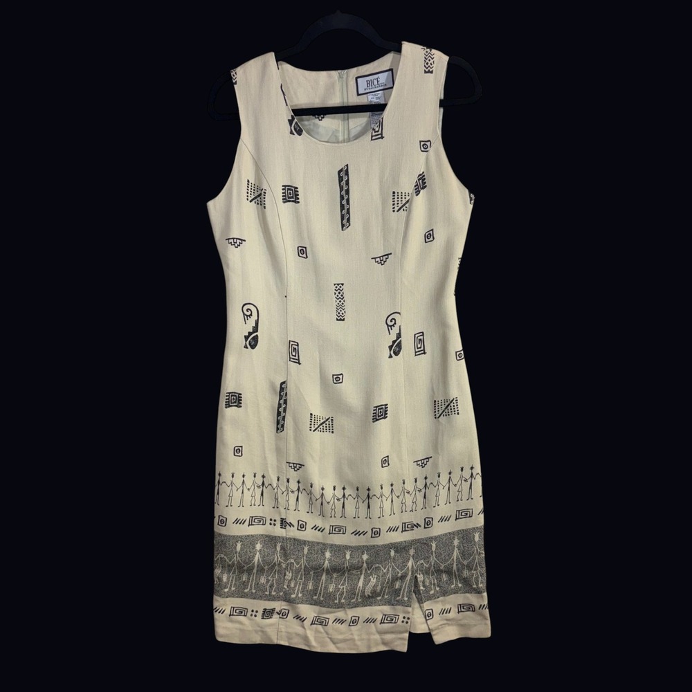 VTG Bicé Sag Harbor S Midi Sheath Dress Tribal Print Wearable Art Maximalist 90s